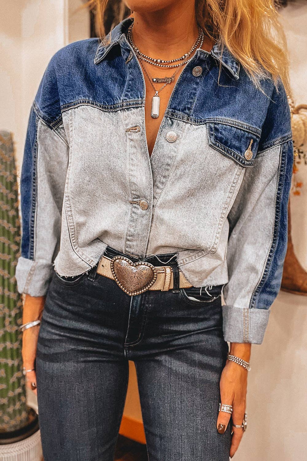 Denim Colorblock Buttoned Fall Jacket