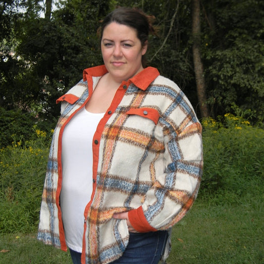 Plaid Contrast Trim Collared Jacket Plus Size